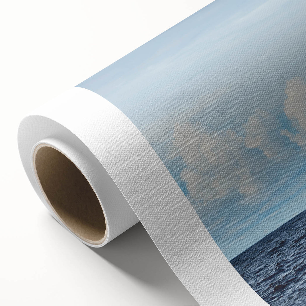 Sailboat on calm waters art deco poster in pastel blue and white, rolled canvas, ideal for nursery wall art.