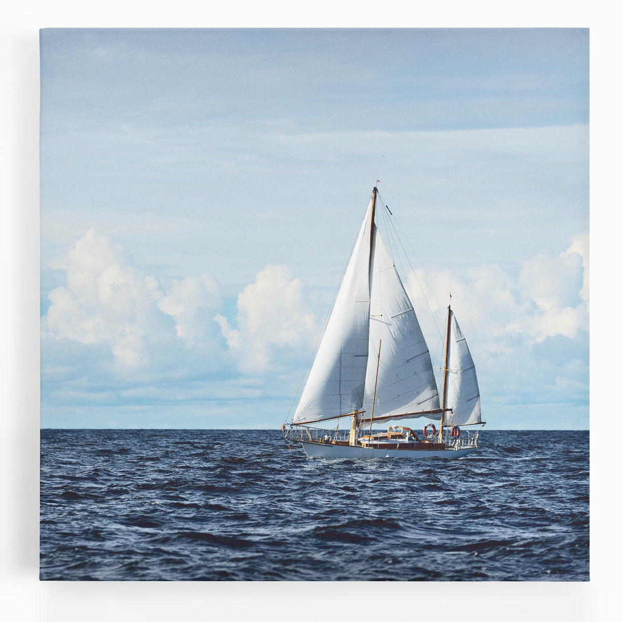 Black and white photo of a sailboat on stretched canvas, suitable for kitchen wall art.