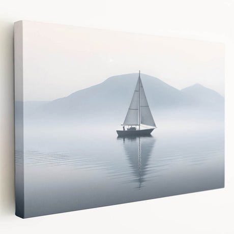 Sailboat on calm waters depicted in muted blues and whites on a stretched canvas, suitable for kitchen wall art.