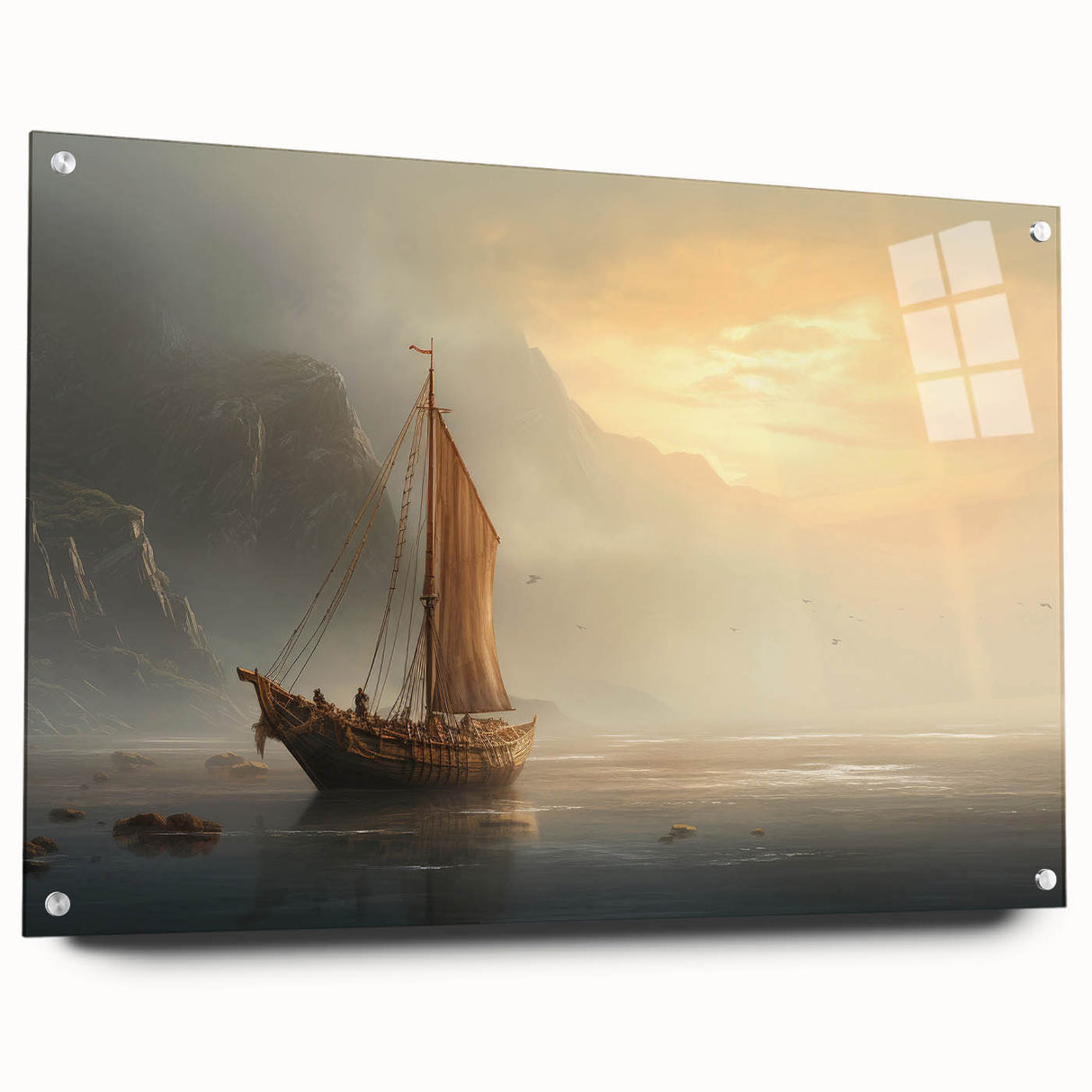 Acrylic print of a sailboat in vibrant blue and white tones, suitable for modern bedroom or dining room decor.