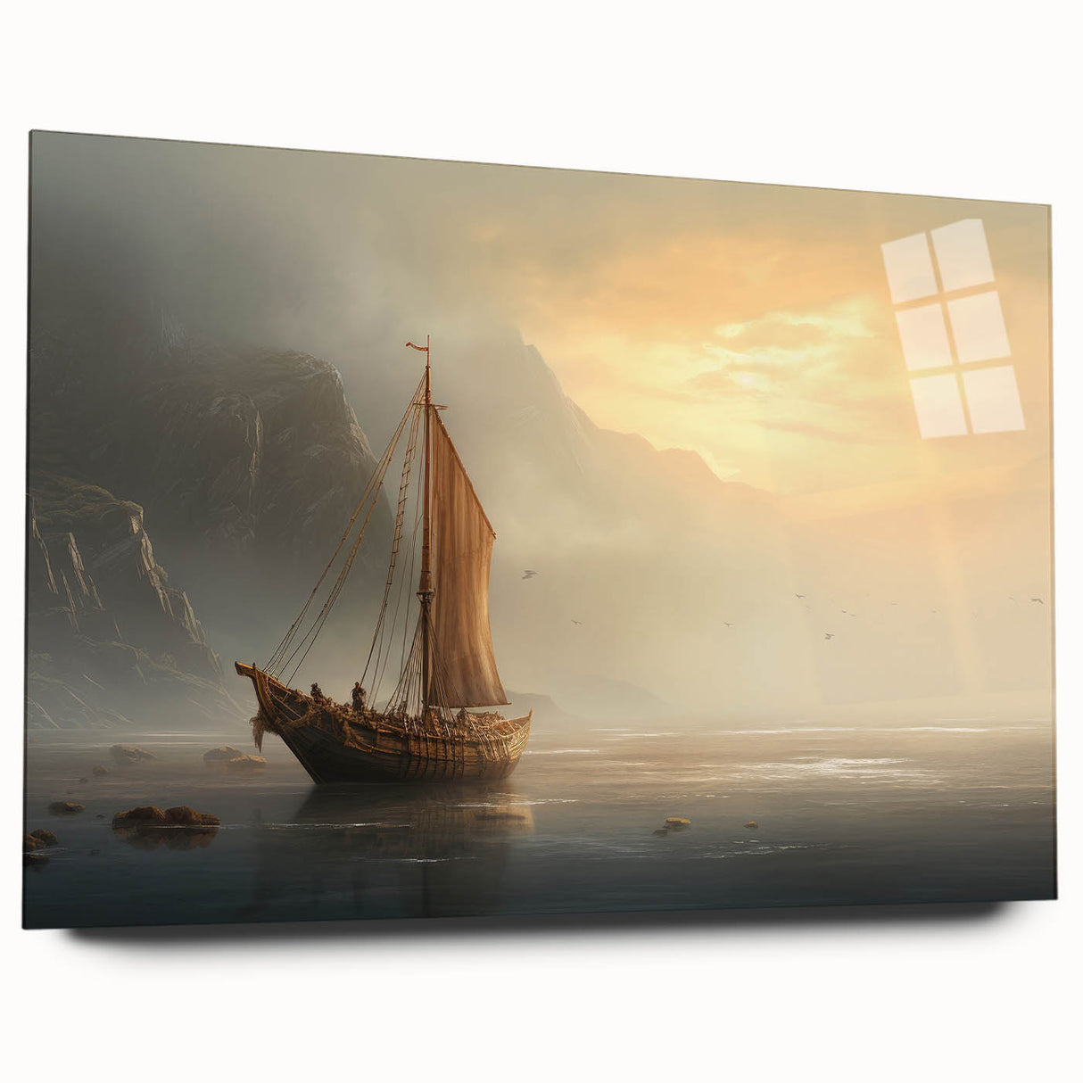 Acrylic print of a large abstract sailboat in blue and white tones, suitable for bedroom or dining room art.