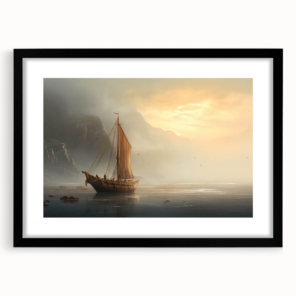 Abstract art print of a colorful sailboat on textured canvas, extra large, framed in black, ideal for living room decor.