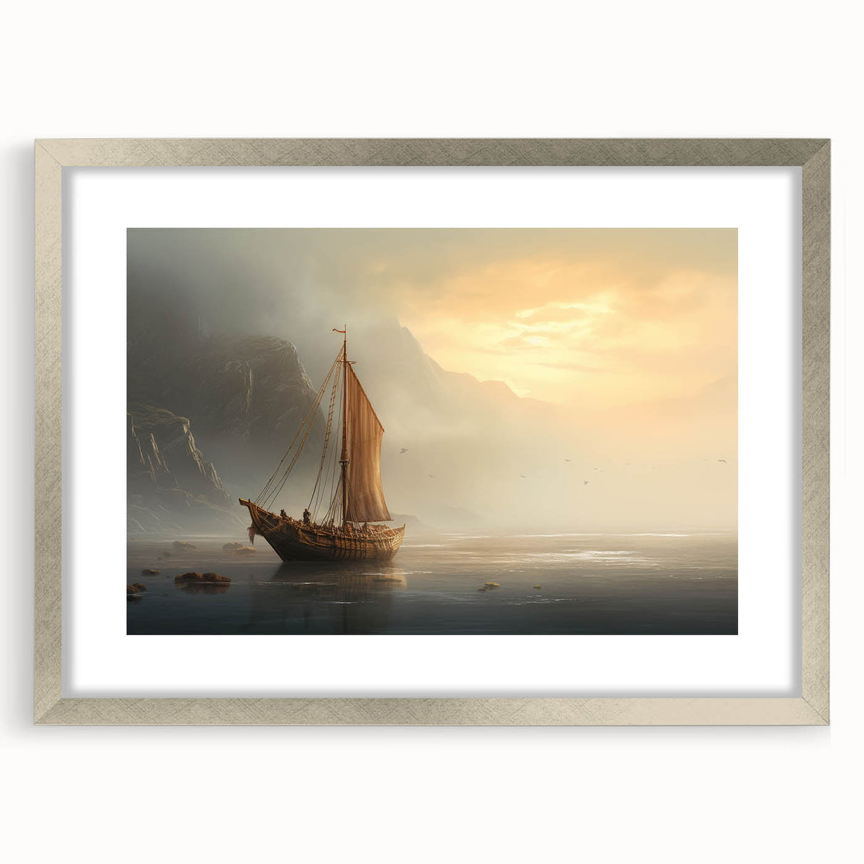 Abstract art print of a sailboat in muted blue and silver tones on a framed poster, suitable for dining room decor.