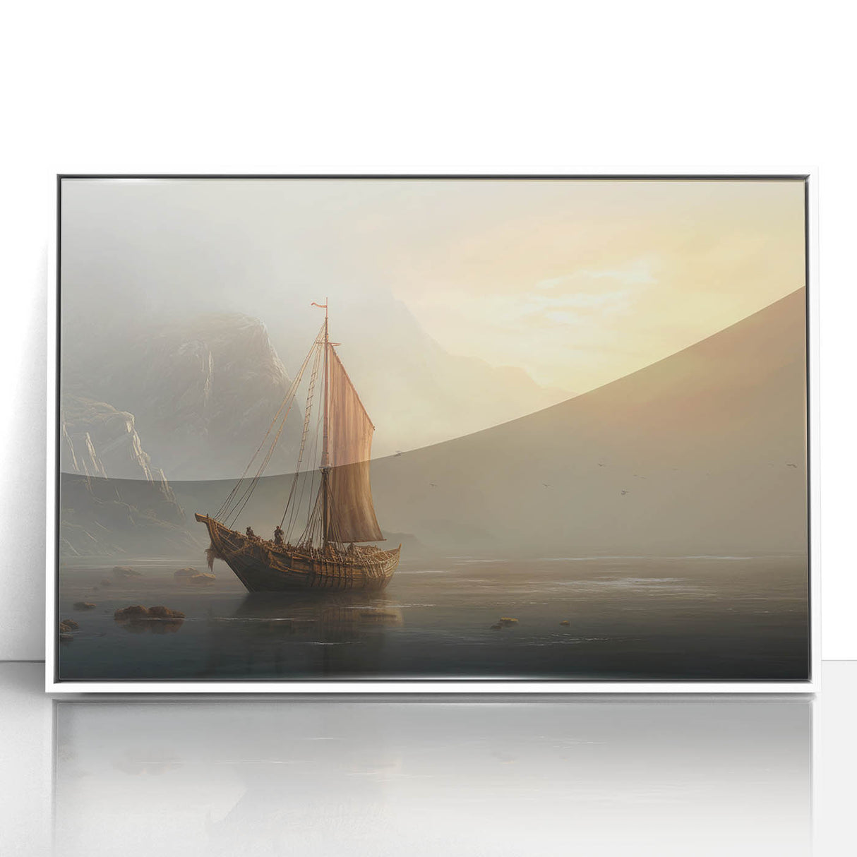 Framed acrylic print of a mid-century modernist style sailboat in neutral tones, suitable for nursery wall art.