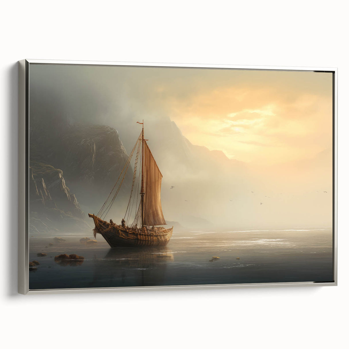 Vintage poster art of a colorful sailboat on black framed canvas, ideal for living room decor.