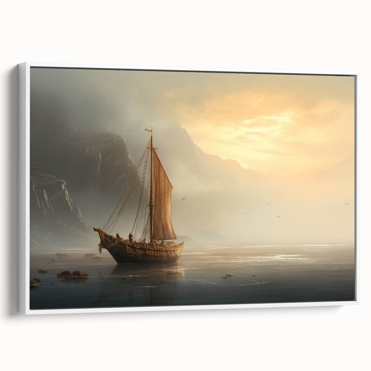 Sailboat on calm waters framed canvas wall art in muted blue and gray tones, suitable for bedroom decor.