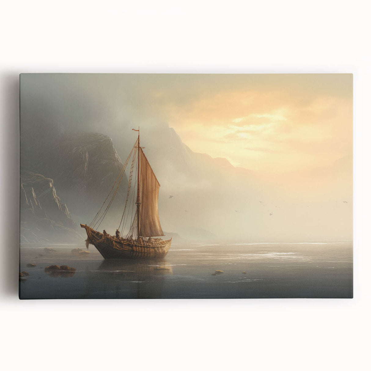 Black and white photo of a sailboat on a large canvas, suitable as kitchen wall art.