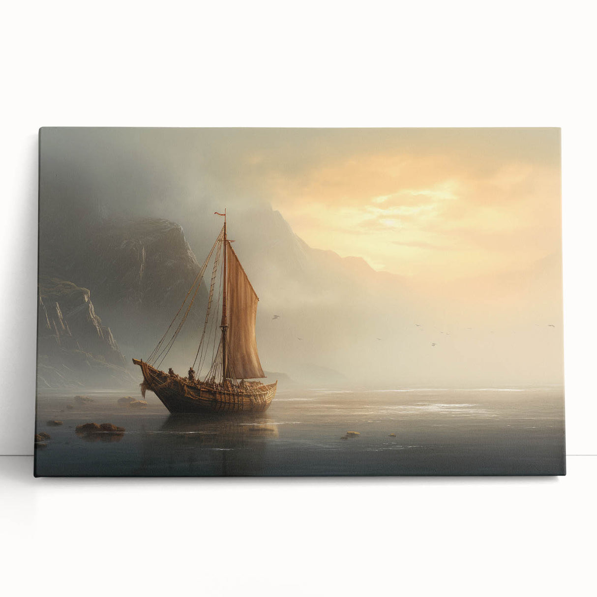 Black and white photo of a sailboat on stretched canvas, ideal for kitchen wall art or bedroom decor.