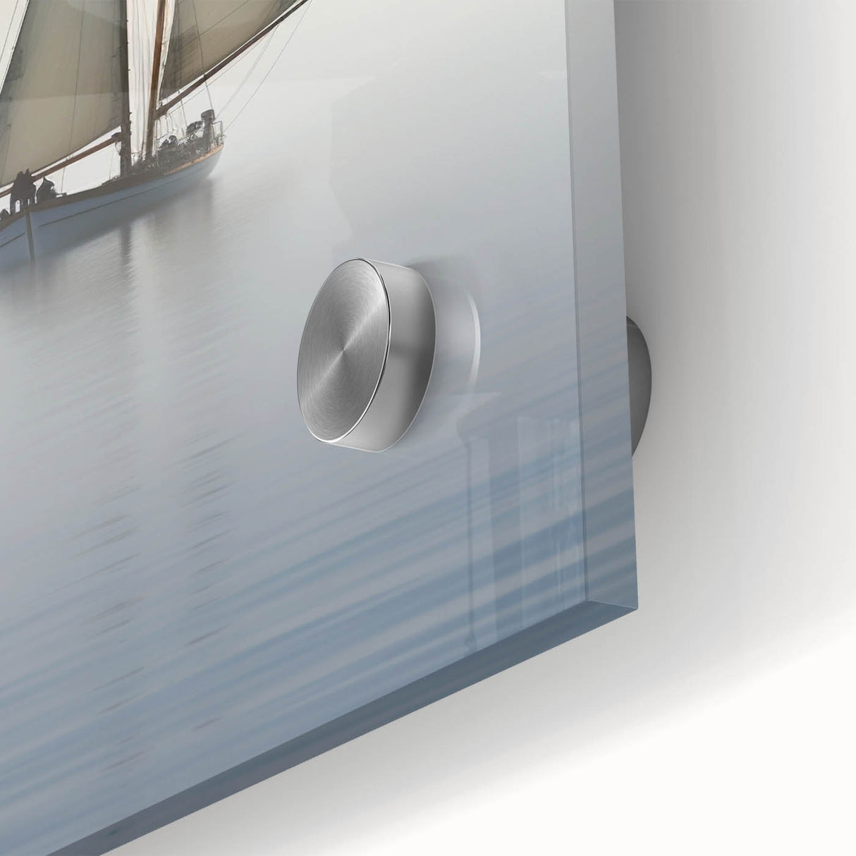 Large abstract wall art featuring a sailboat in muted blue and white tones on acrylic glass, ideal for dining room decor.