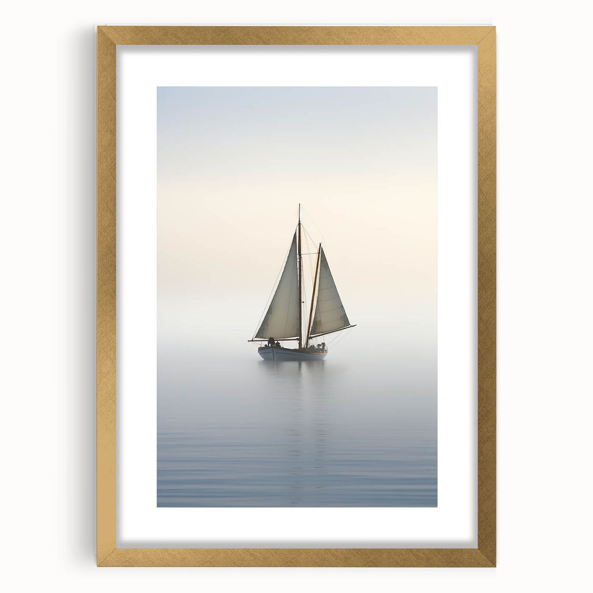 Textured art print of an abstract sailboat in gold and blue tones on a framed canvas, suitable for bedroom decor.