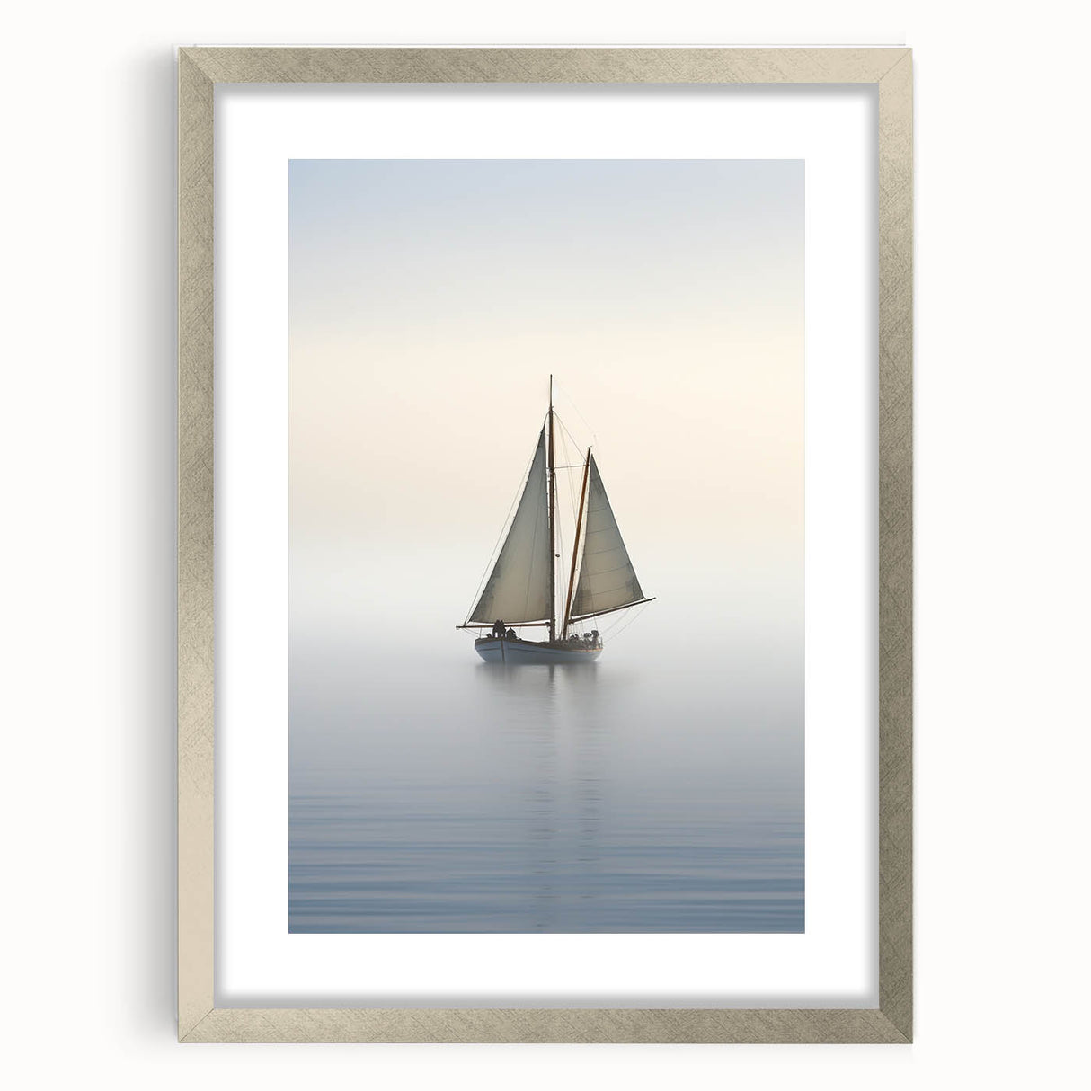 Abstract art print of a sailboat in silver frame, featuring cool blue and gray tones.
