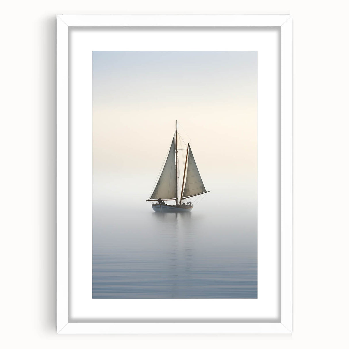 Extra large abstract art print of a sailboat in muted blue and white tones on a framed canvas, ideal for living room decor.