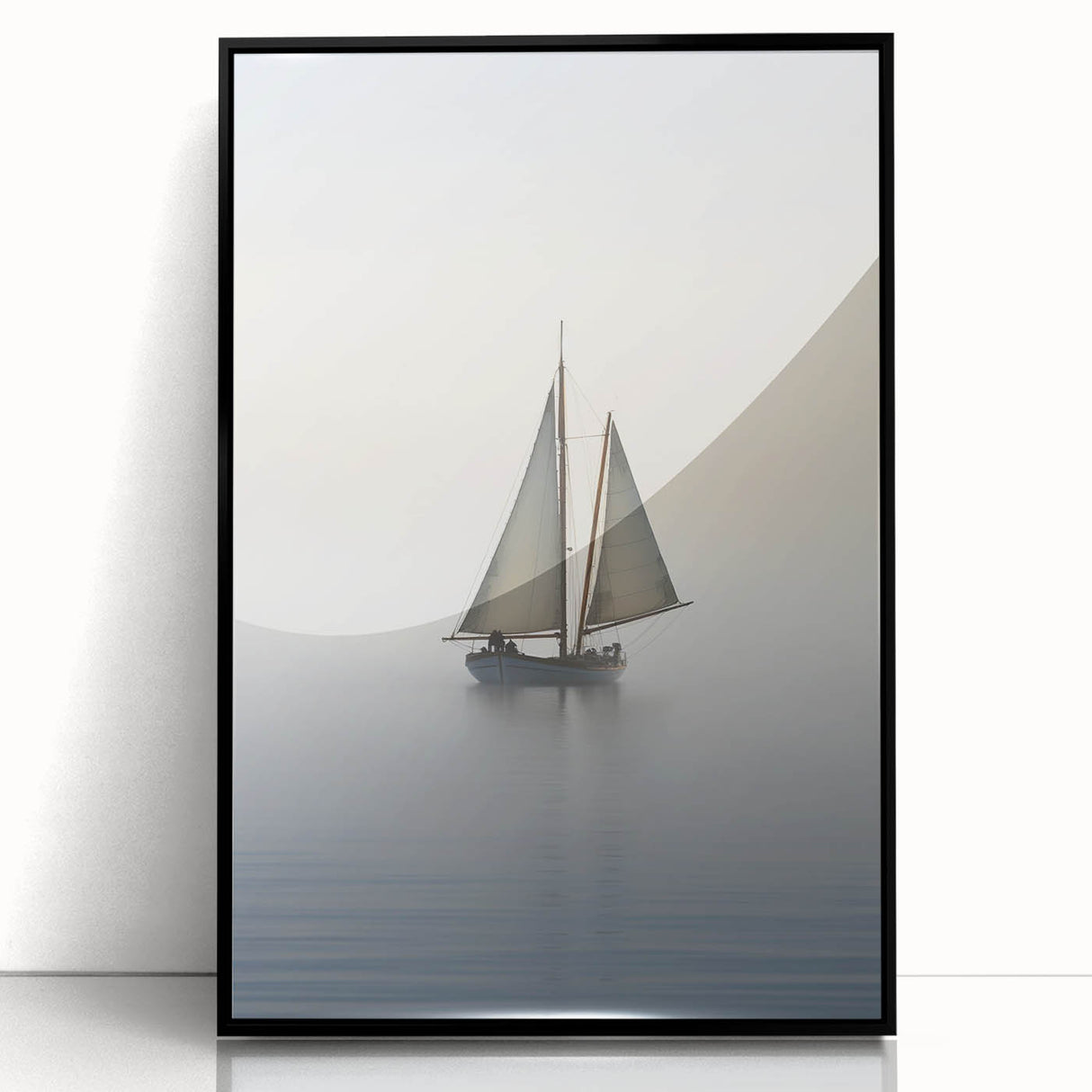 Large abstract wall art of a sailboat in muted blue and gray tones on a framed acrylic.