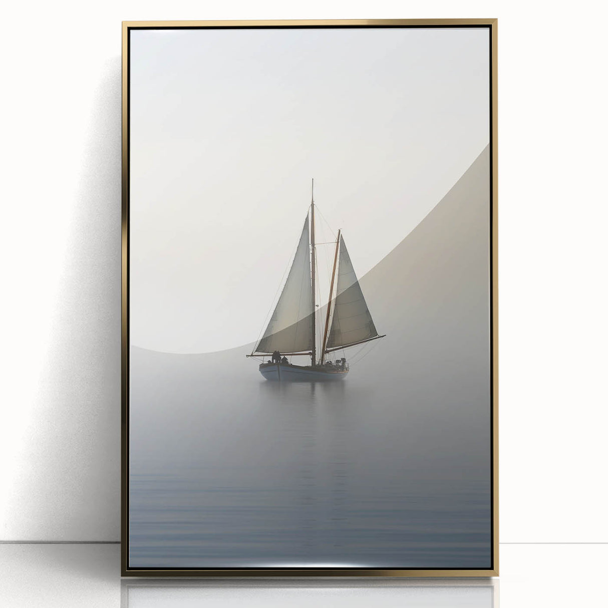 Mid-century modernist art depicting a sailboat, in muted blue and white tones, framed acrylic, ideal for nursery wall decor.