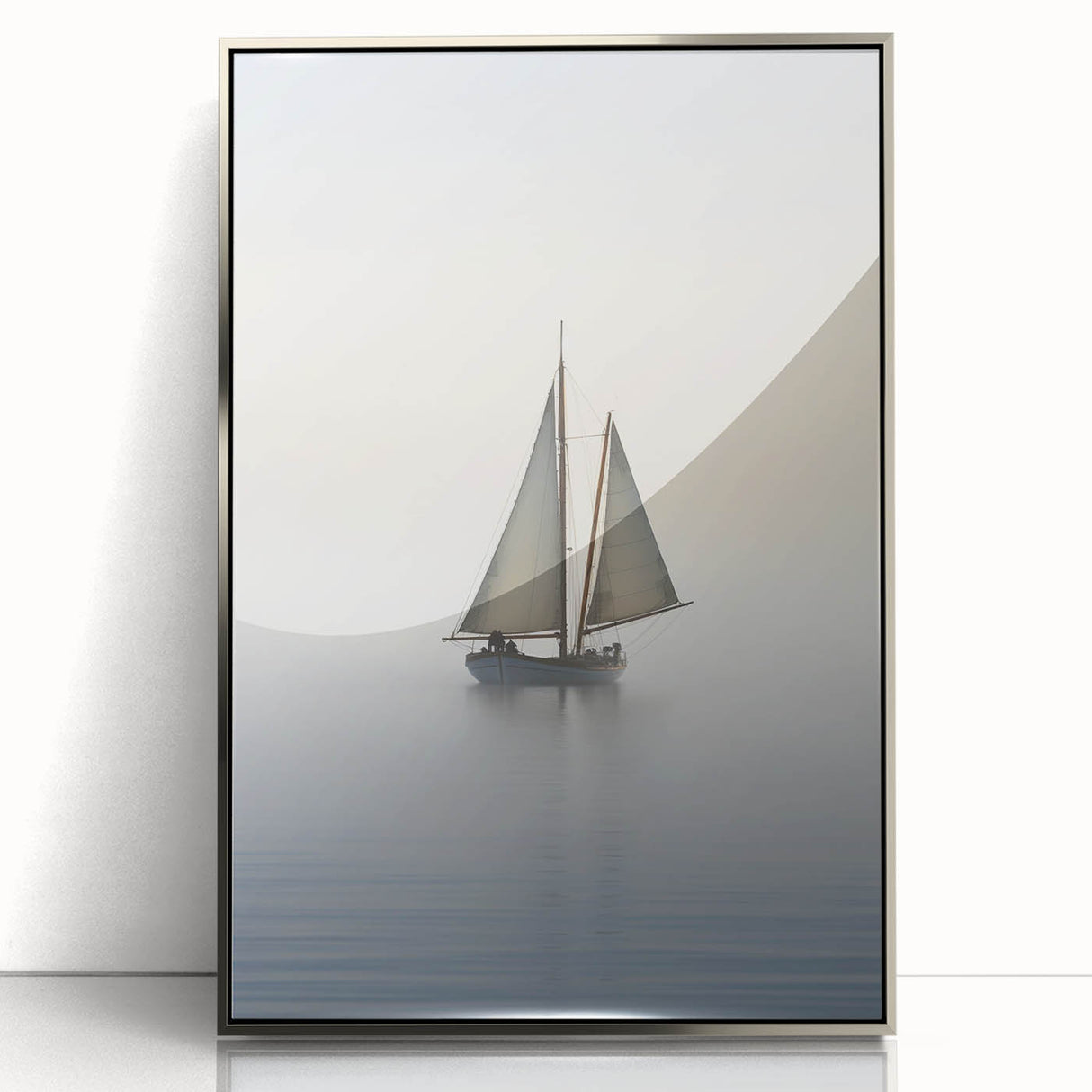 Art deco style sailboat acrylic print in silver frame, featuring cool blue and white tones, suitable for nursery wall art.