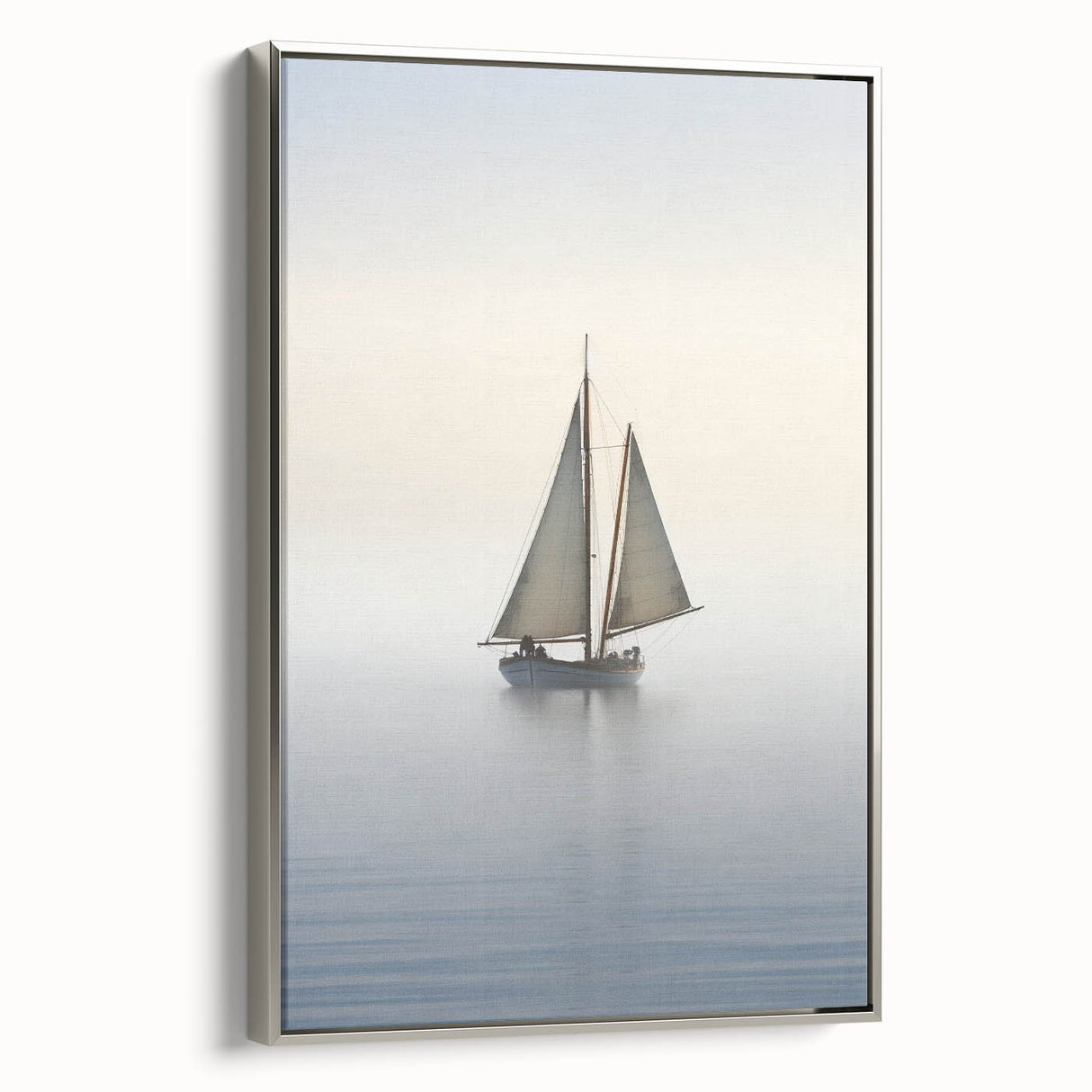 Vintage poster art of a sailboat, rendered in black with colorful accents on a silver-framed canvas.