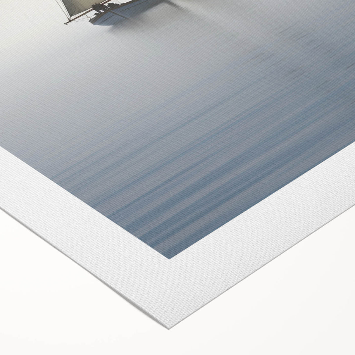 Art deco poster of a sailboat on muted blue and gray sea, rolled canvas, suitable for dining room ambiance.