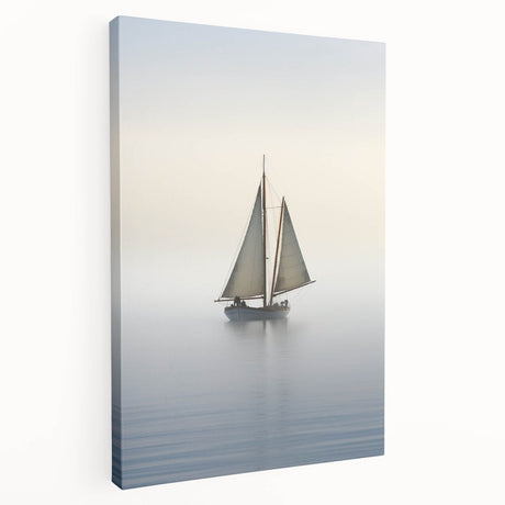 Sailboat on a calm sea depicted in soft blue and white tones on a large stretched canvas, suitable for kitchen wall decor.