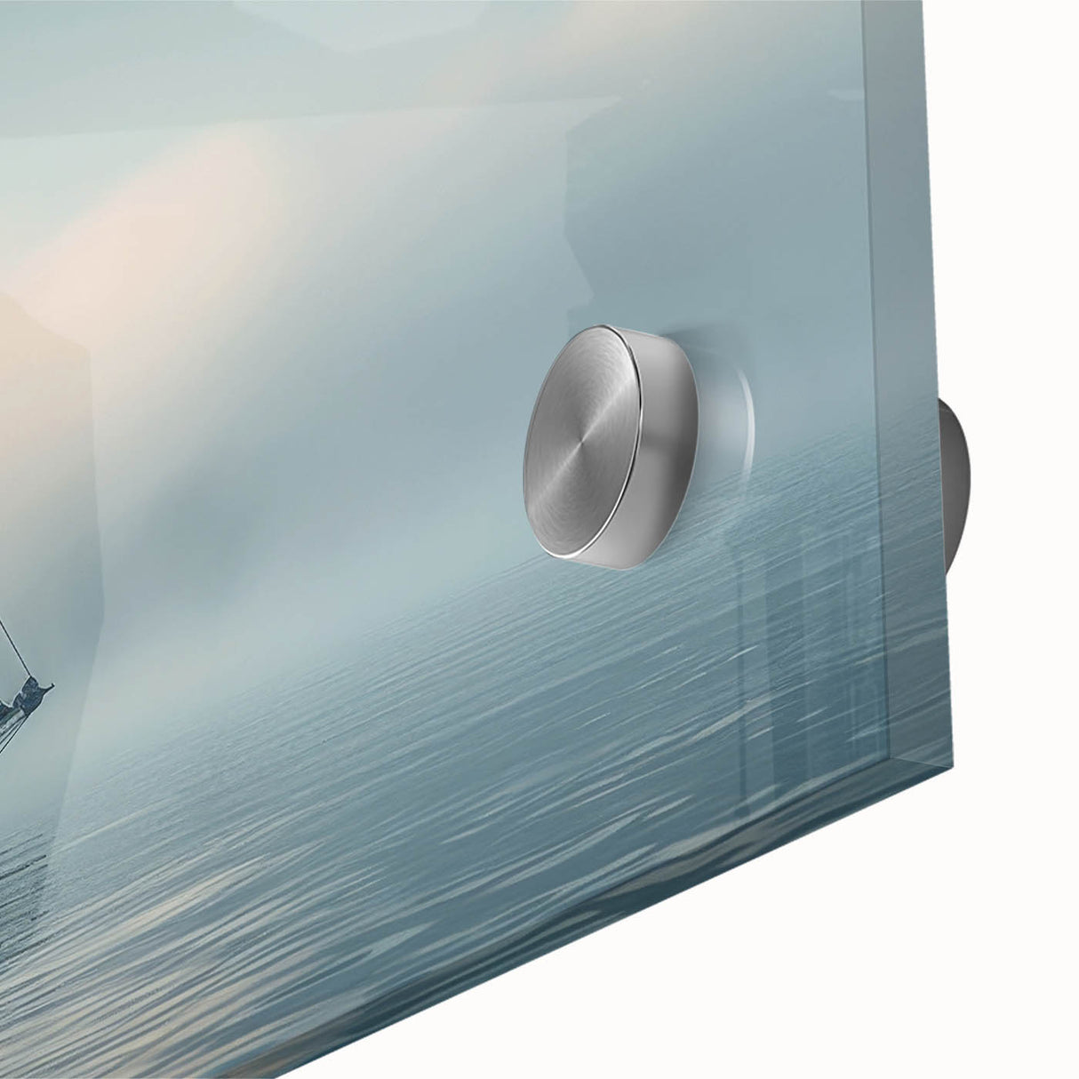 Large abstract sailboat design in muted blue and white tones on acrylic glass.