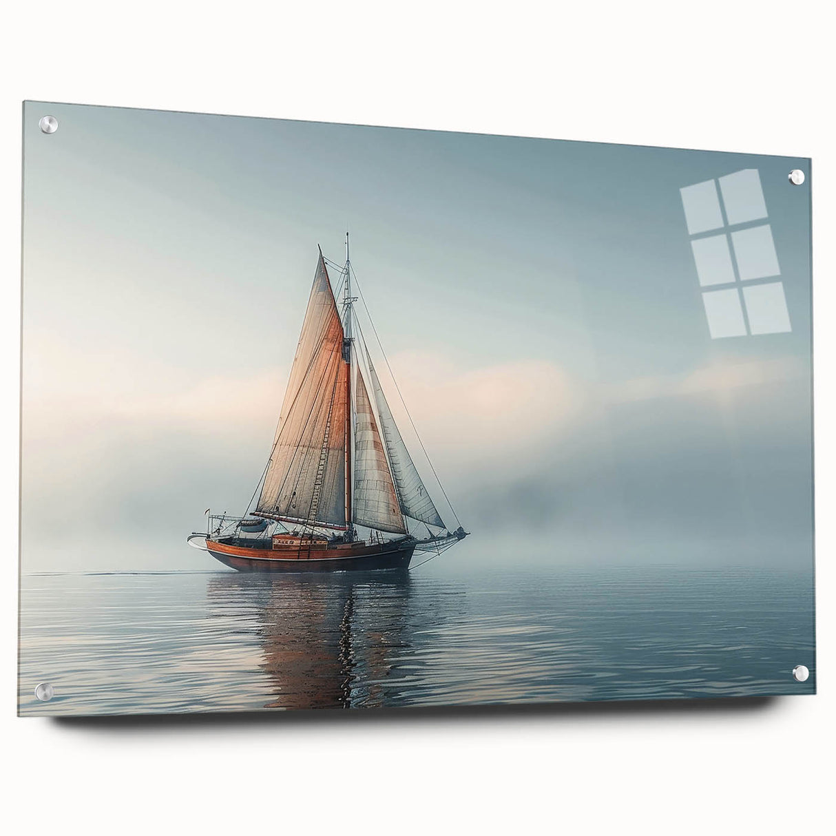 Acrylic print of a sailboat in muted blue and white tones, suitable for bedroom or dining room decor.