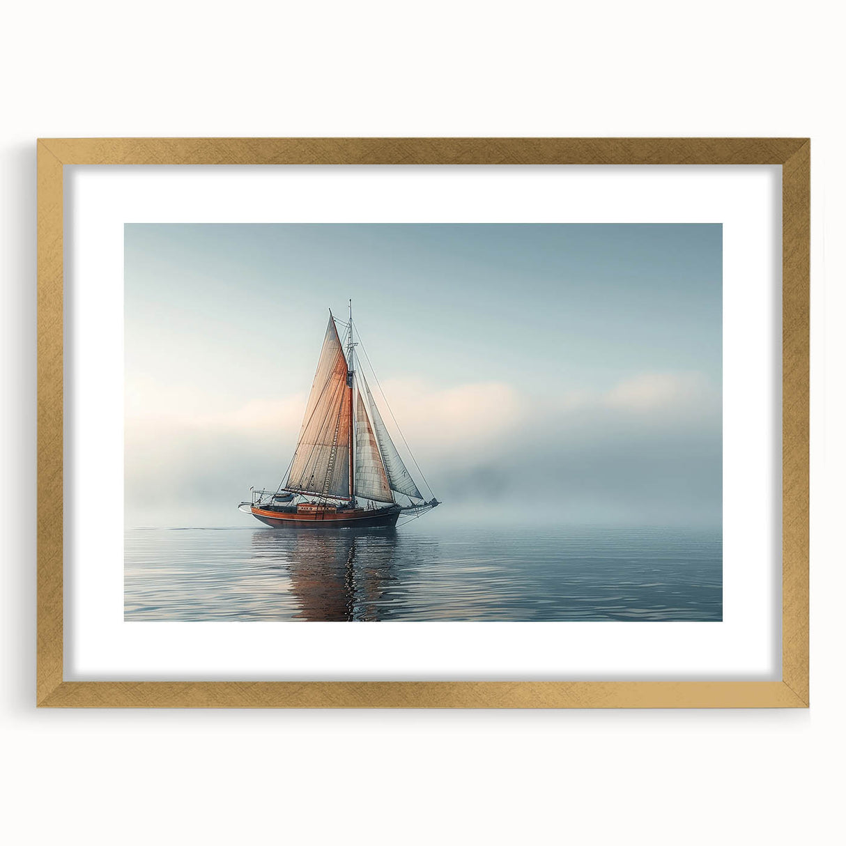 Textured art print of an abstract sailboat in muted blue and white tones on a framed gold mat, ideal for bedroom art.