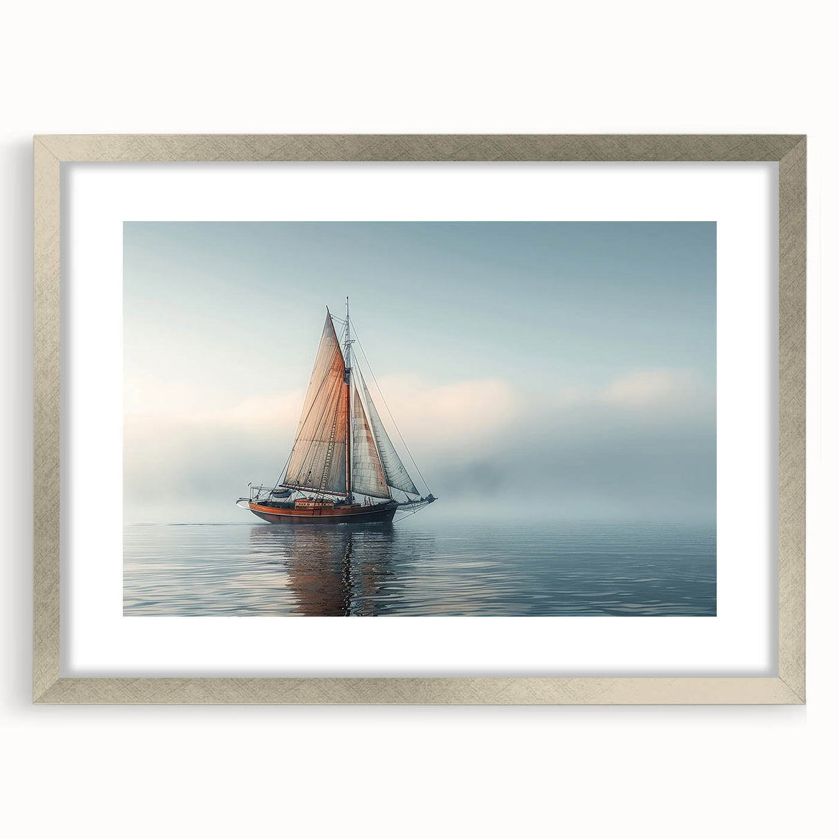 Abstract art print of a sailboat in muted blue and gray tones on a silver-framed canvas, suitable for dining room decor.