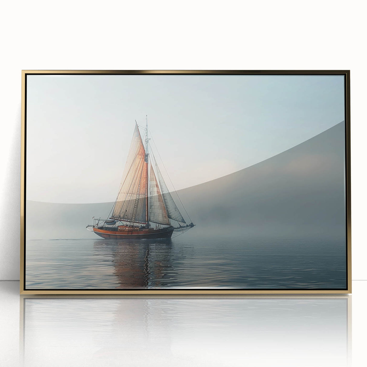 Mid-century modernist art depicting a sailboat, in muted blue and gold tones on a framed acrylic.