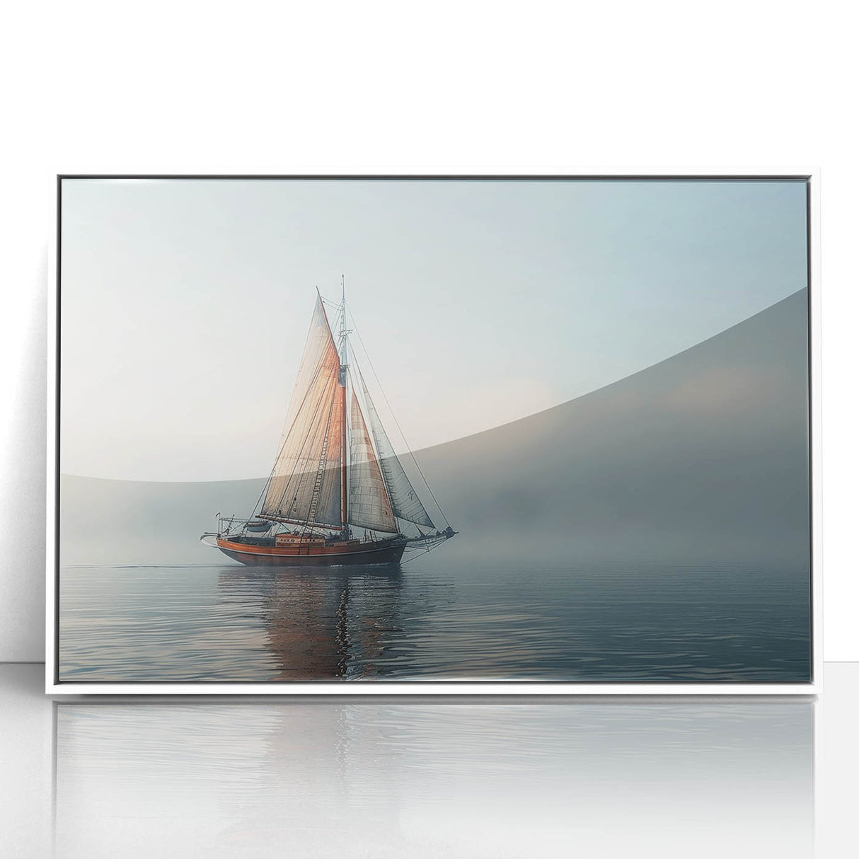 Framed acrylic print of a mid-century modernist sailboat in cool blue tones, ideal for nursery wall art.