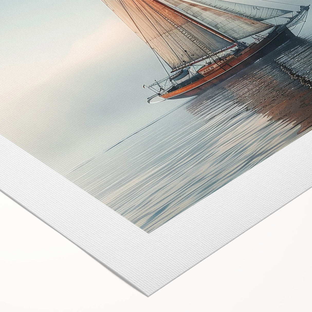 Art deco poster of a sailboat in muted blues and grays on rolled canvas, suitable for dining room wall art.