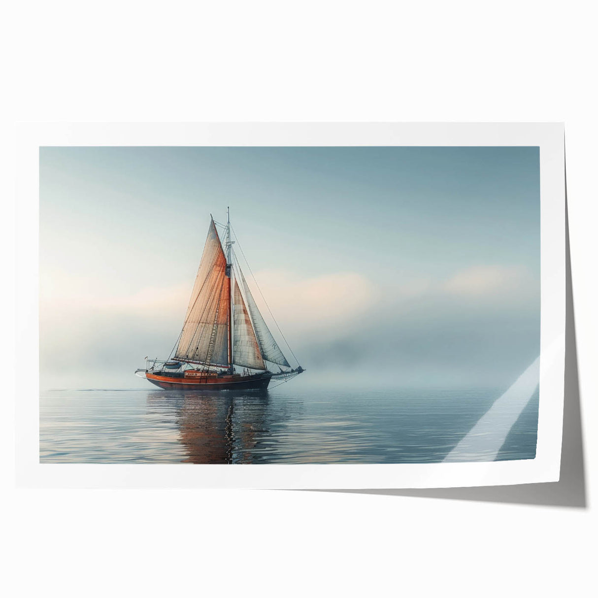 Rolled print of a sailboat on a calm sea, using muted blue and gray tones, ideal for dining room wall art.