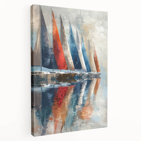 Sailboat on a calm sea depicted in muted blues and whites on a large stretched canvas, ideal for kitchen wall art.