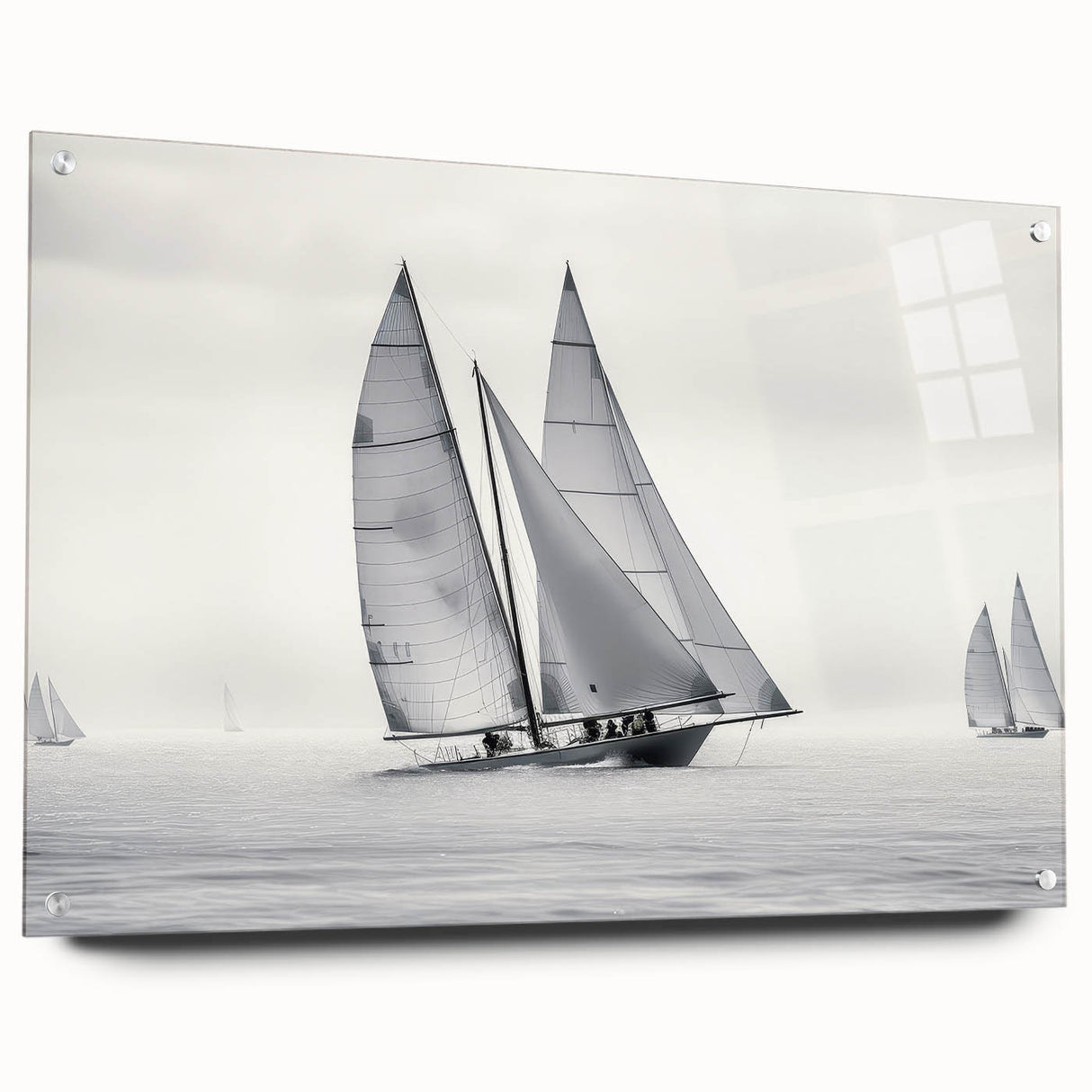 Acrylic print of a large abstract sailboat in shades of blue and white, suitable for bedroom or dining room decor.