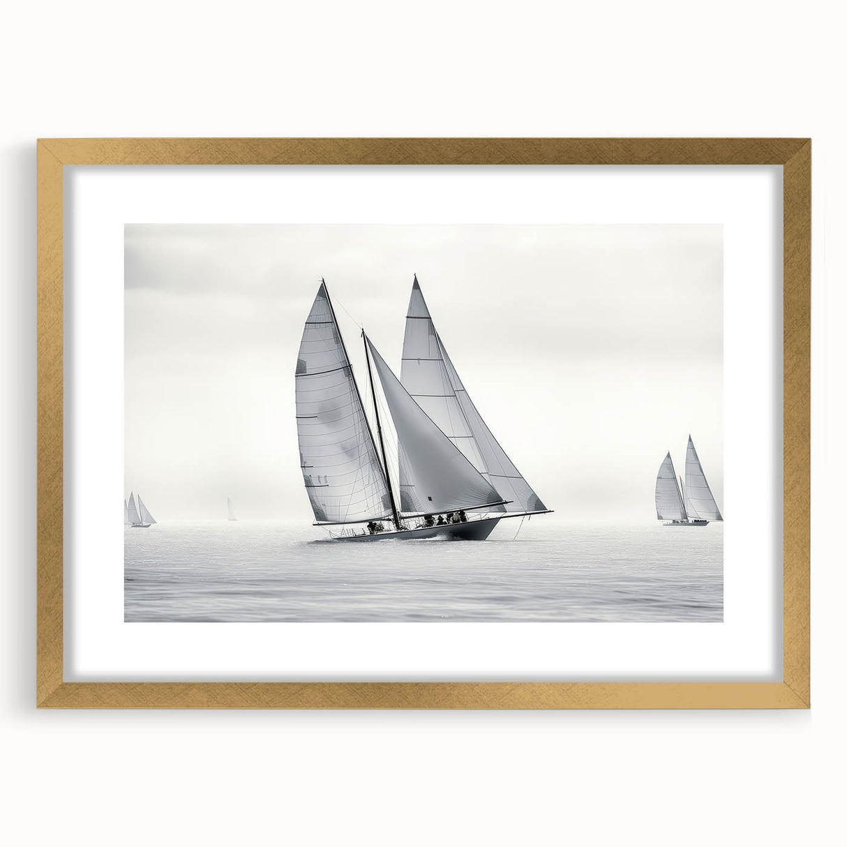 Abstract sailboat design in textured art style on a gold-framed canvas, featuring soft blue and white hues.