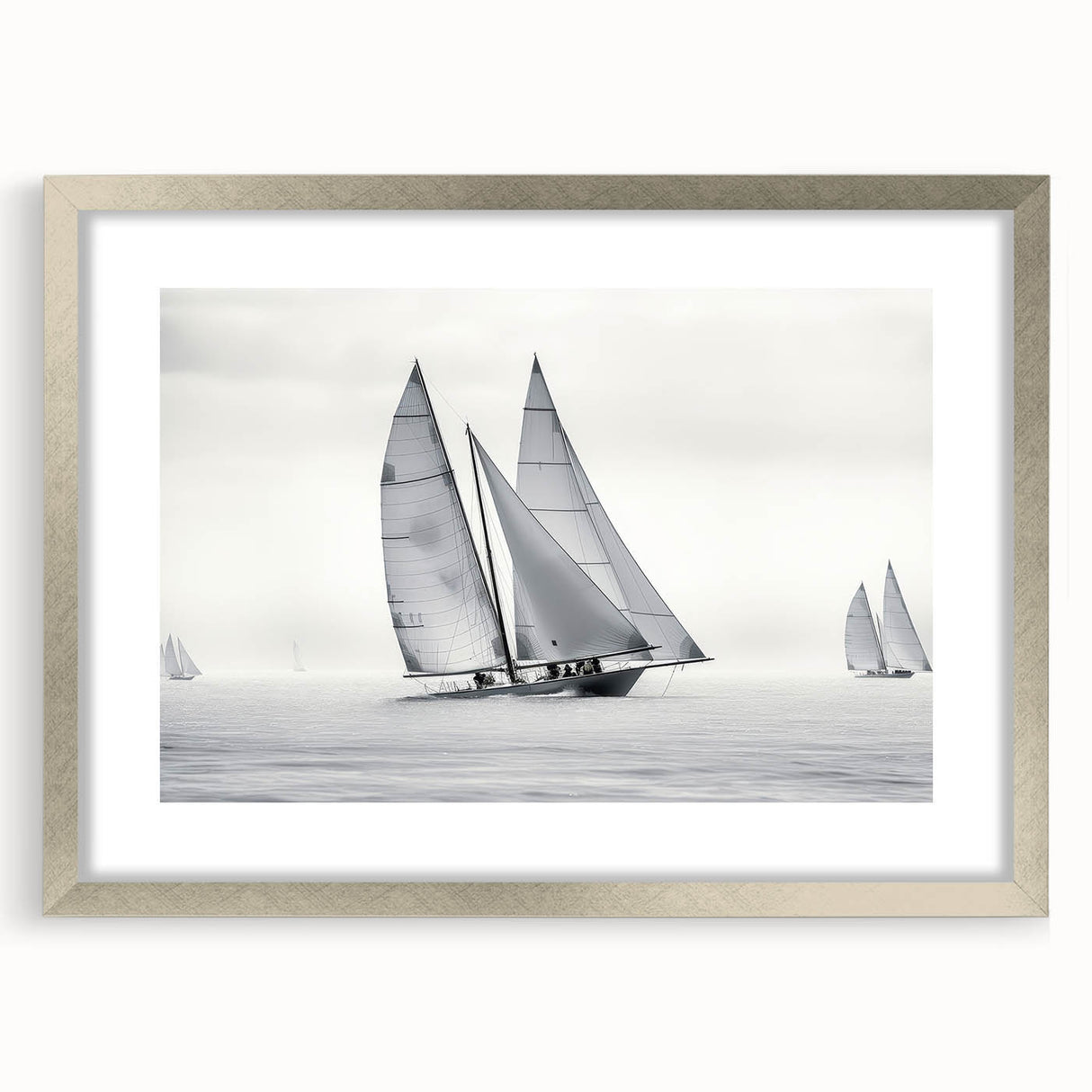 Abstract art print of a stylized sailboat in silver, blue, and white tones on a framed canvas.