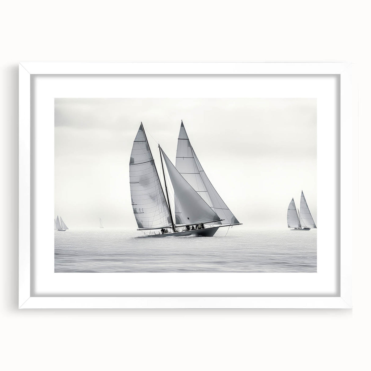 Extra large abstract art print of a sailboat, rendered in textured blue and white tones on a framed canvas.