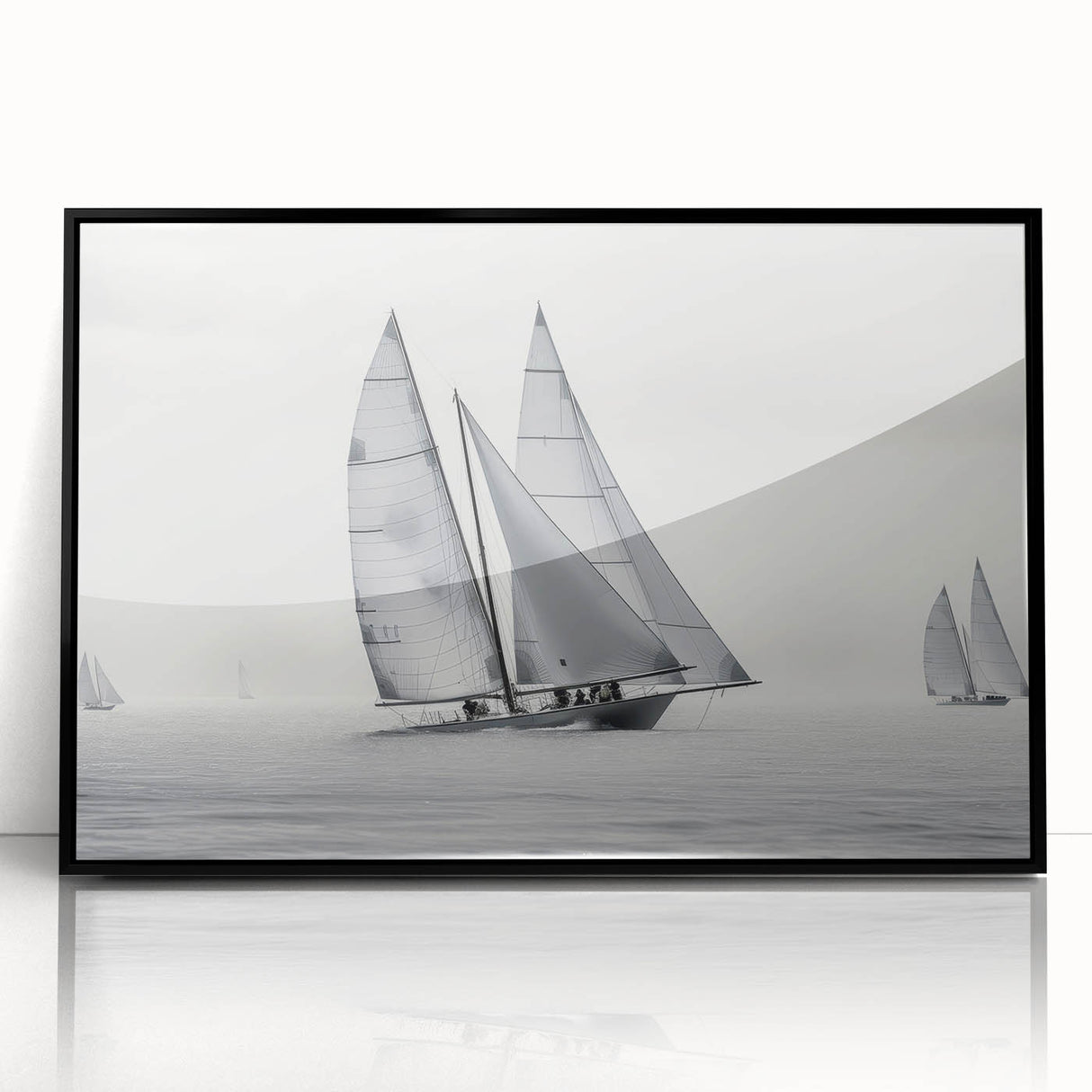 Large abstract wall art depicting sailboats in muted blue and gray tones on a framed acrylic panel.
