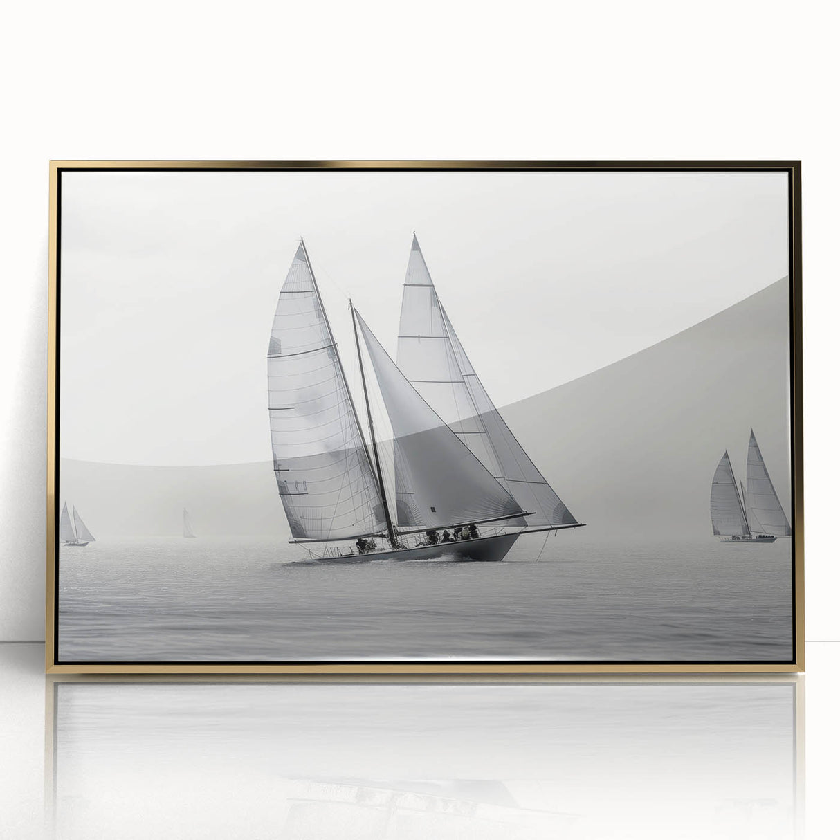 Mid-century modernist art of a sailboat with gold frame, featuring dark blue and white tones, ideal for nursery wall art.