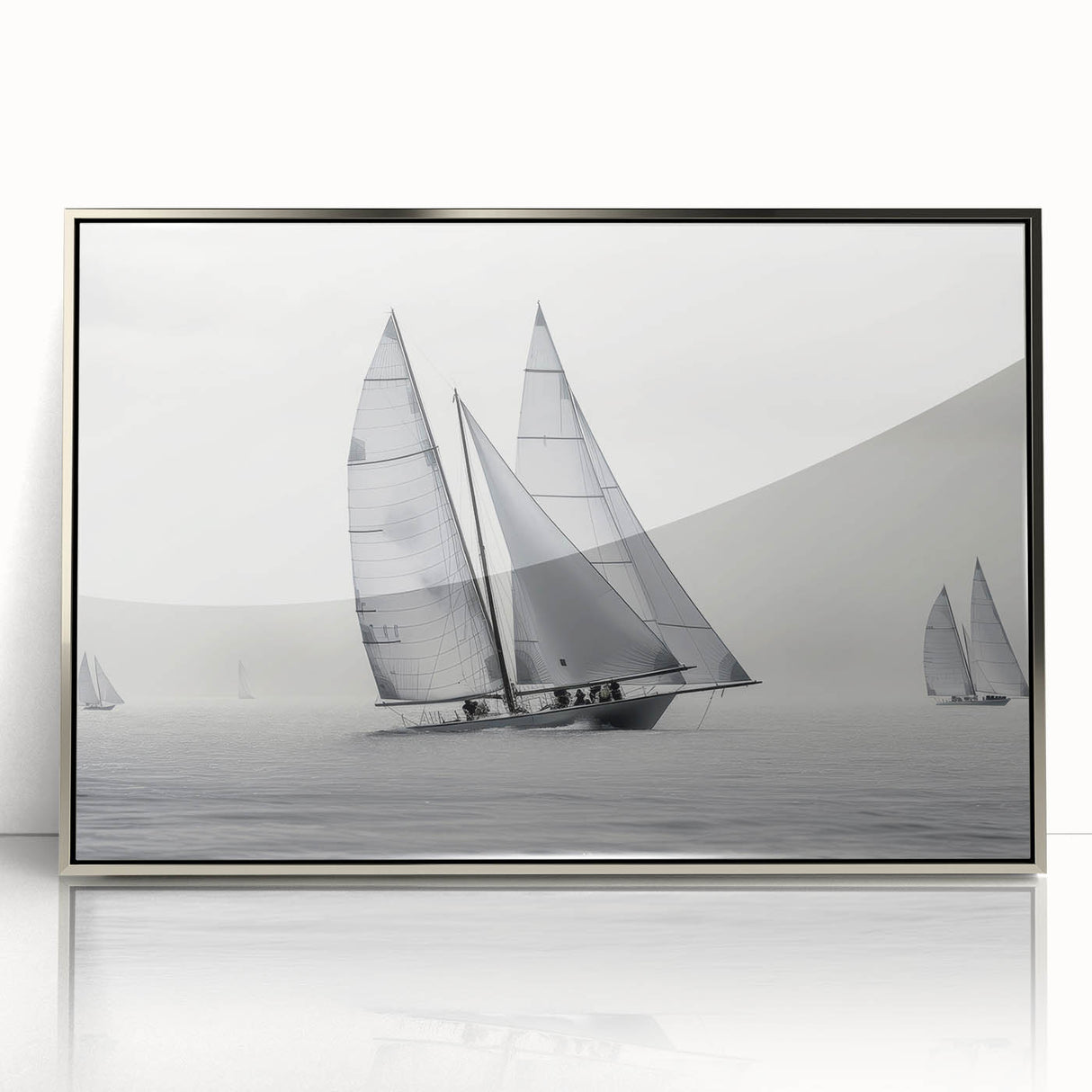 Art deco style sailboat on calm waters, rendered in muted blue and gray, framed acrylic print for nursery wall art.