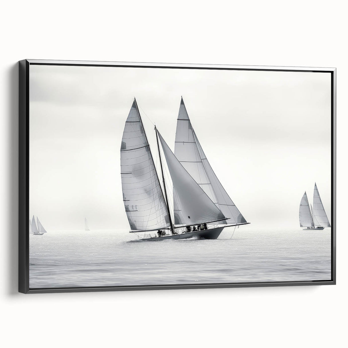 Black and white framed canvas featuring a side view of a vintage sailboat, ideal for bedroom wall art.