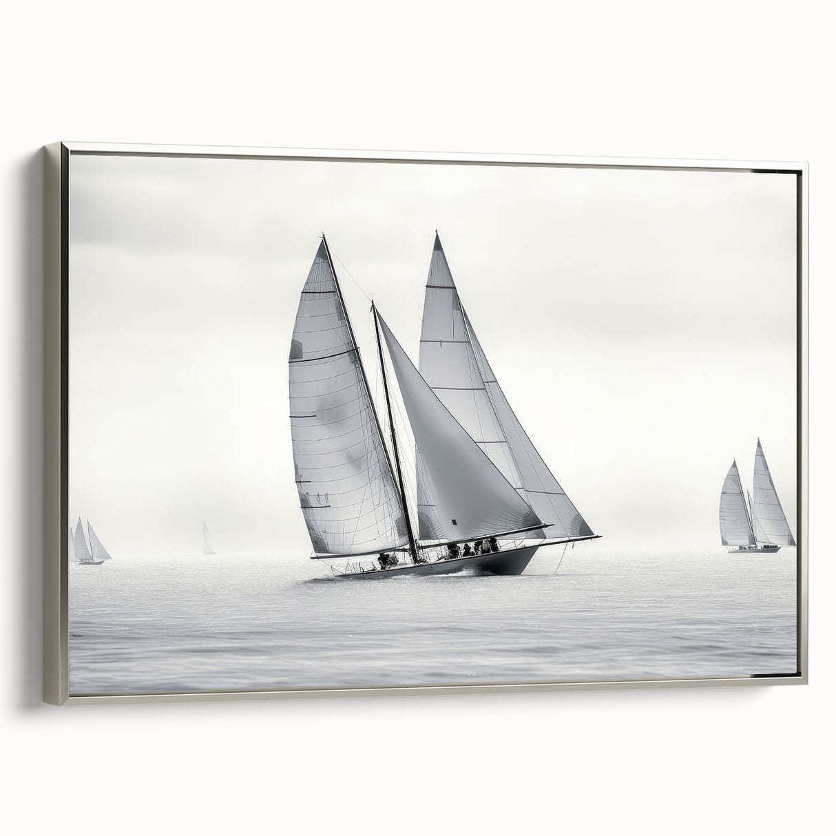 Vintage poster art of a sailboat, rendered in black with colorful accents on a silver-framed canvas.
