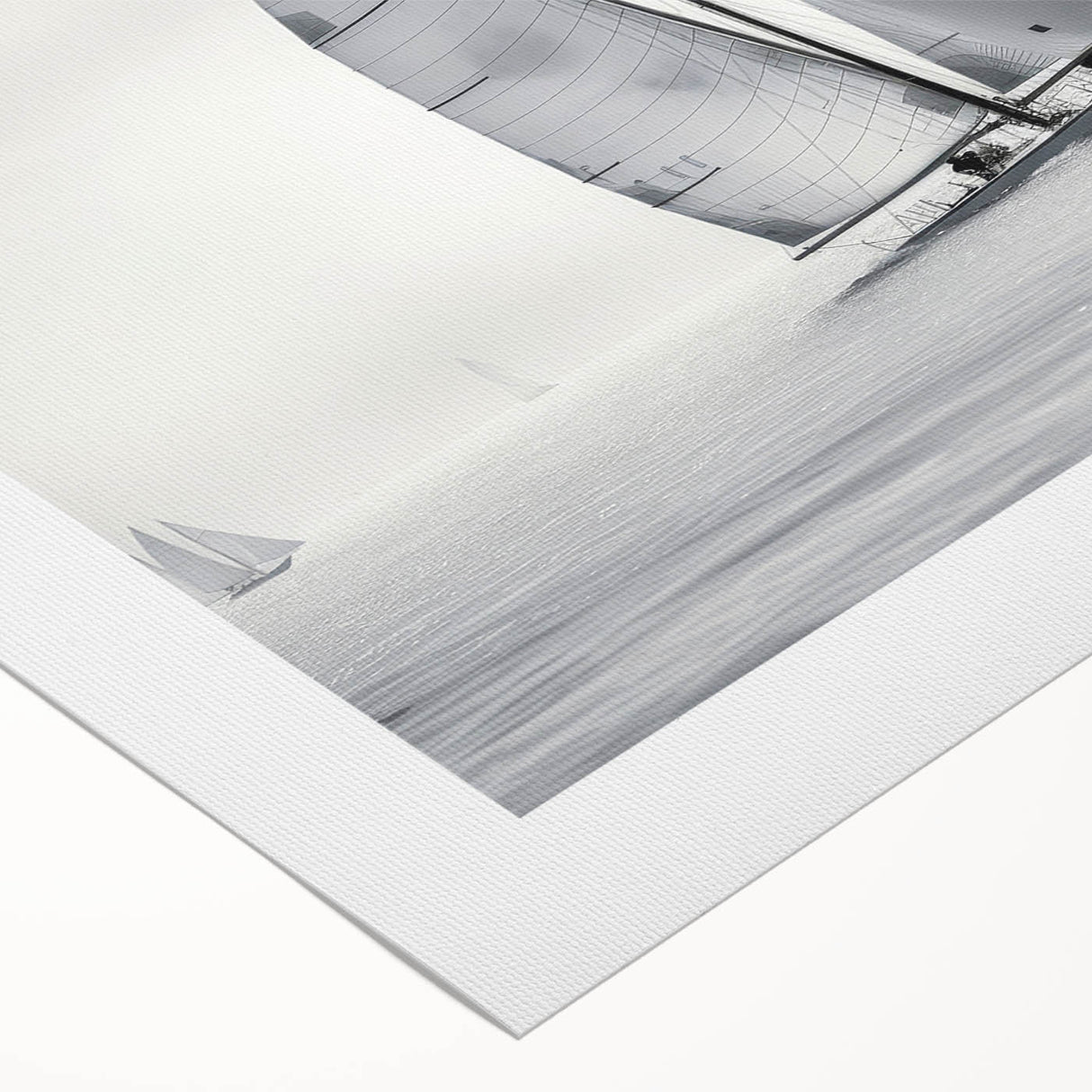 Art deco style sailboat poster in muted blue and white, printed on rolled canvas, suitable for dining room wall art.