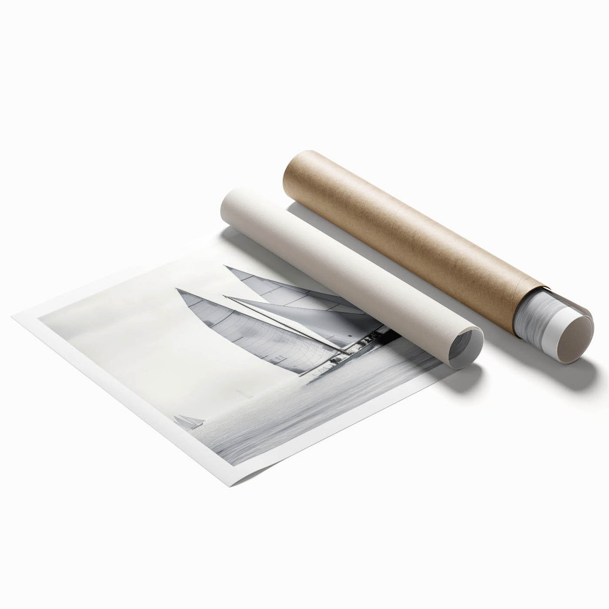 Extra large rolled print of a sailboat on calm waters, executed in muted blue and gray tones.