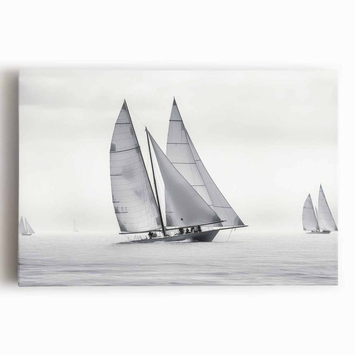 Black and white image of a sailboat on stretched canvas, ideal for kitchen wall art.