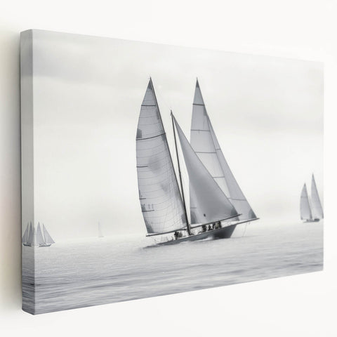 Sailboat on calm waters print on stretched canvas, with soft blue and white hues, ideal for kitchen wall art.