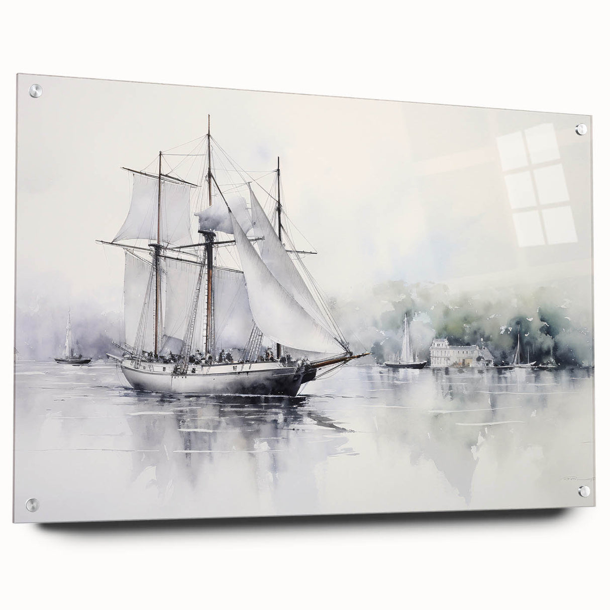 Acrylic print of a sailboat in vibrant blue and white tones, ideal for bedroom or dining room wall decor.