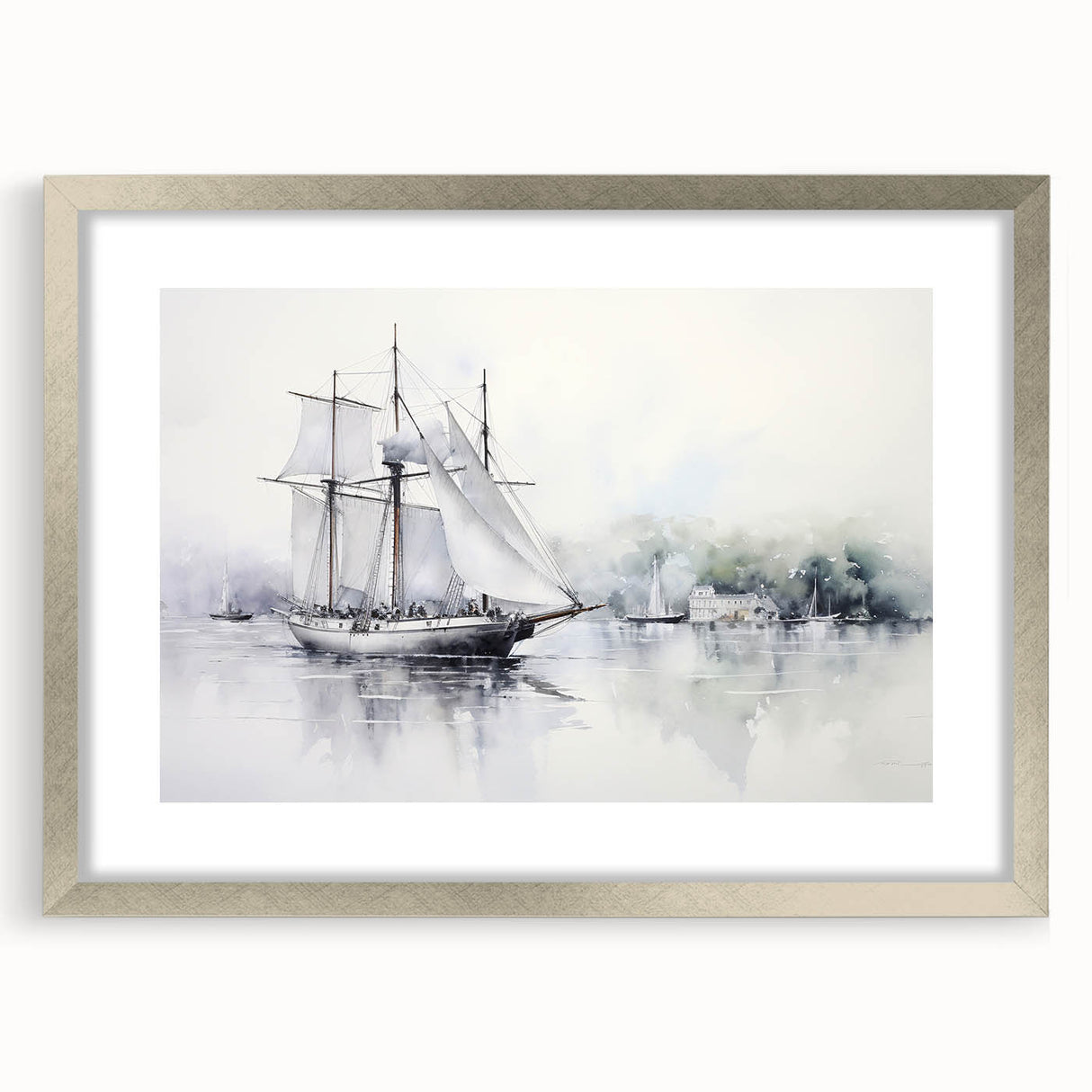 Abstract art print of a sailboat in muted blue and white hues on a framed silver mat, ideal for dining room decor.