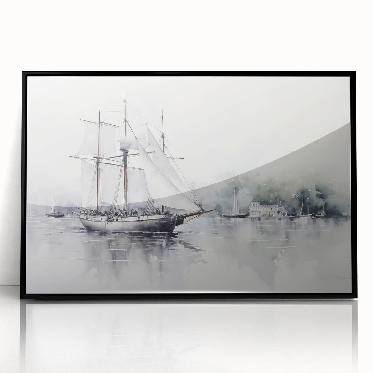 Large abstract wall art of a sailboat in muted blue and gray, framed acrylic print, ideal for modern office decor.