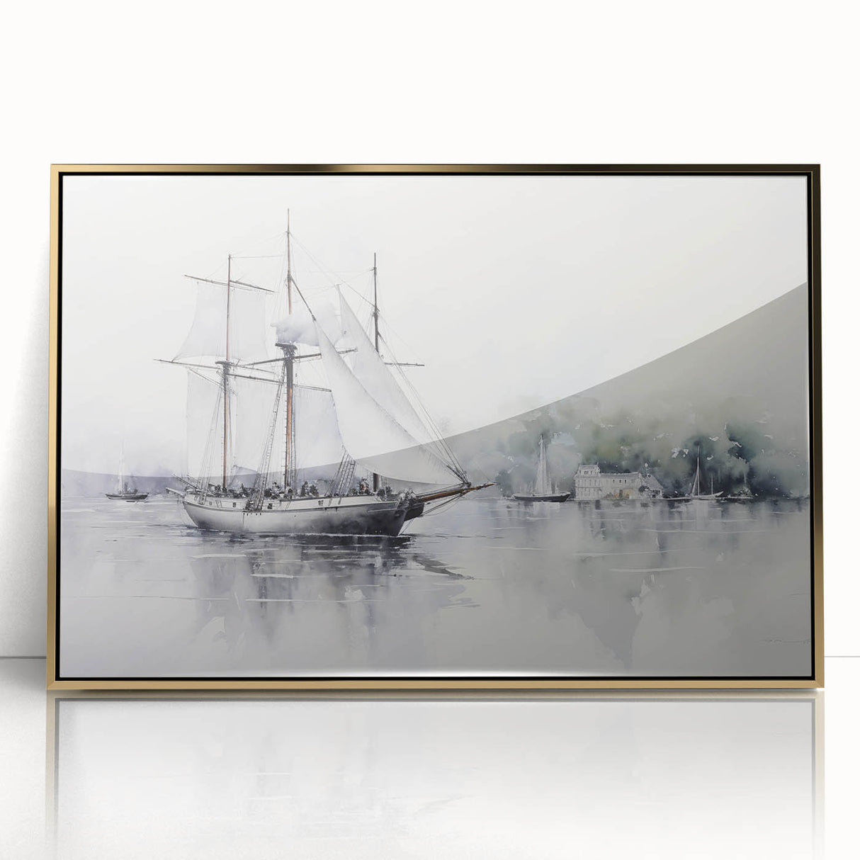 Mid-century modernist art of a sailboat, in muted blue and white tones, acrylic print, ideal for nursery wall decor.