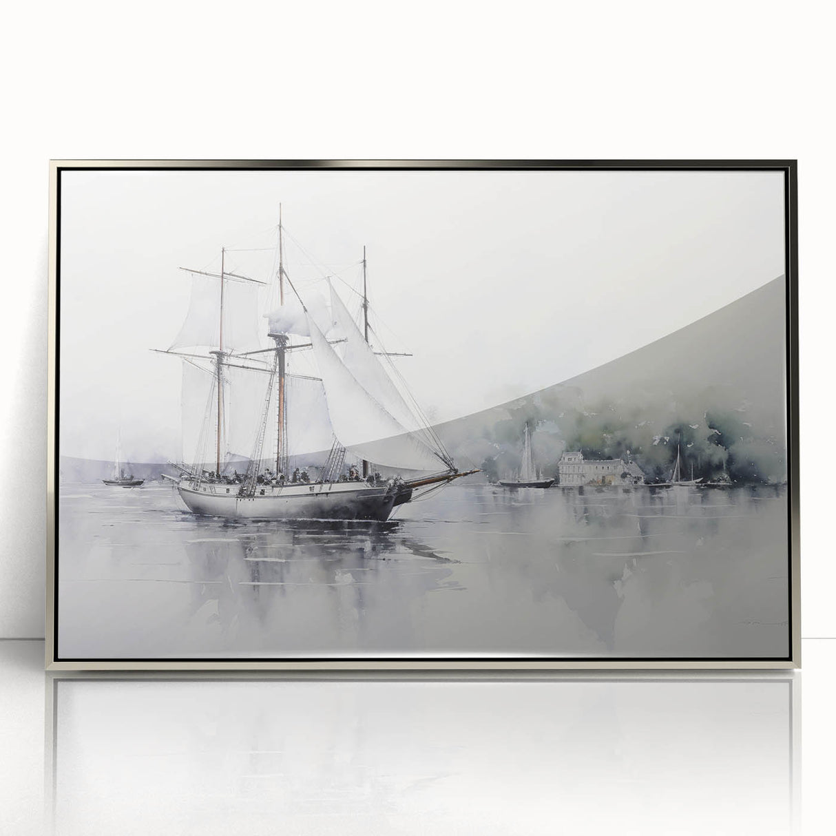 Art deco poster featuring a sleek sailboat design in silver and blue tones on a framed acrylic.