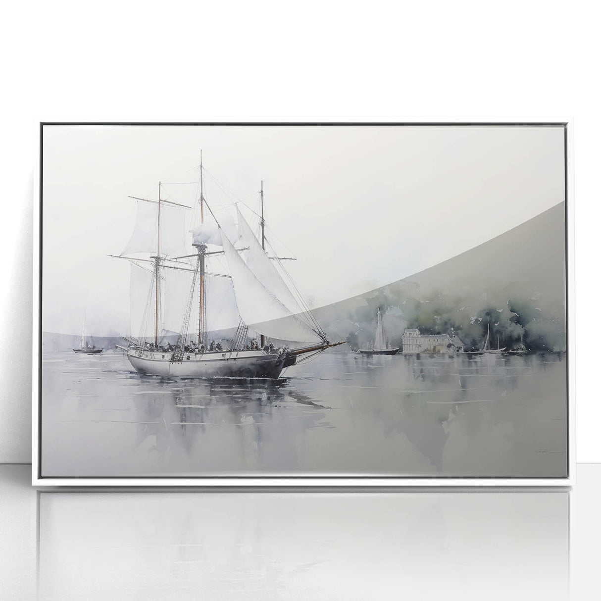 Mid-century modernist sailboat print in muted blue tones on a framed acrylic, ideal for nursery wall art.